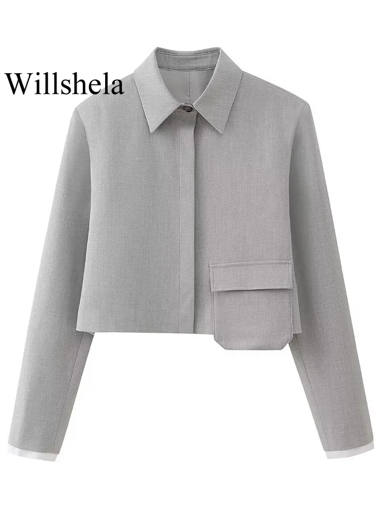 Willshela Women Fashion 2 Piece Set Grey Single Breasted Lapel Neck Shirts & Vintage Side Zipper Shorts Female Chic Shorts Set