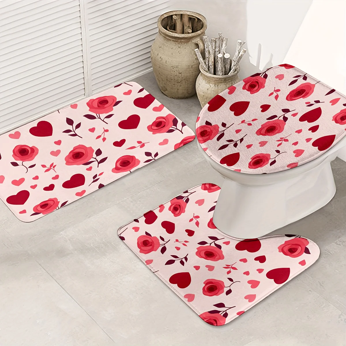 

Home Decor Bathroom Mat Set Roses Heart Pattern Toilet Cover Bath Rug Waterproof Floral Accessories for Bathroom