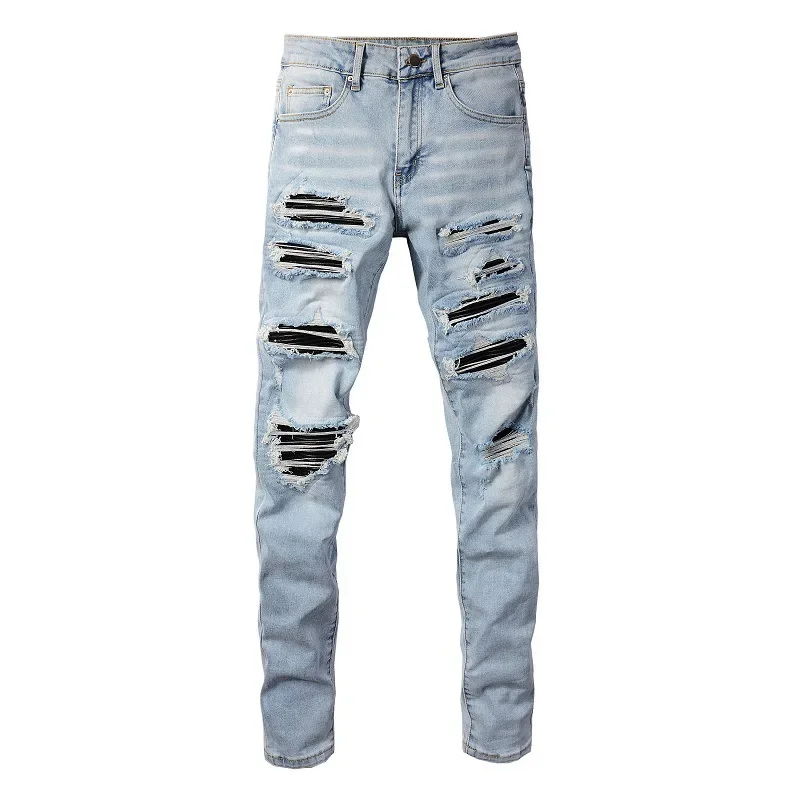 High Street Jeans Patch Hand-worn Holes Slim Skinny Jeans for Men