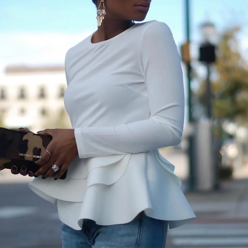 Autumn Winter Long Sleeve Women Tops Black Red Casual Tops Office Lady Elegant T-Shirts White Ruffle Solid Colors Streetwear New