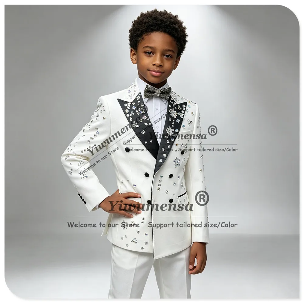 Brilliant Boy Suit Formal Wear Diamond Beaded Jacket Pants 2 Pieces Sets Double Breasted Kid's Blazers Children Tuxedo Attires