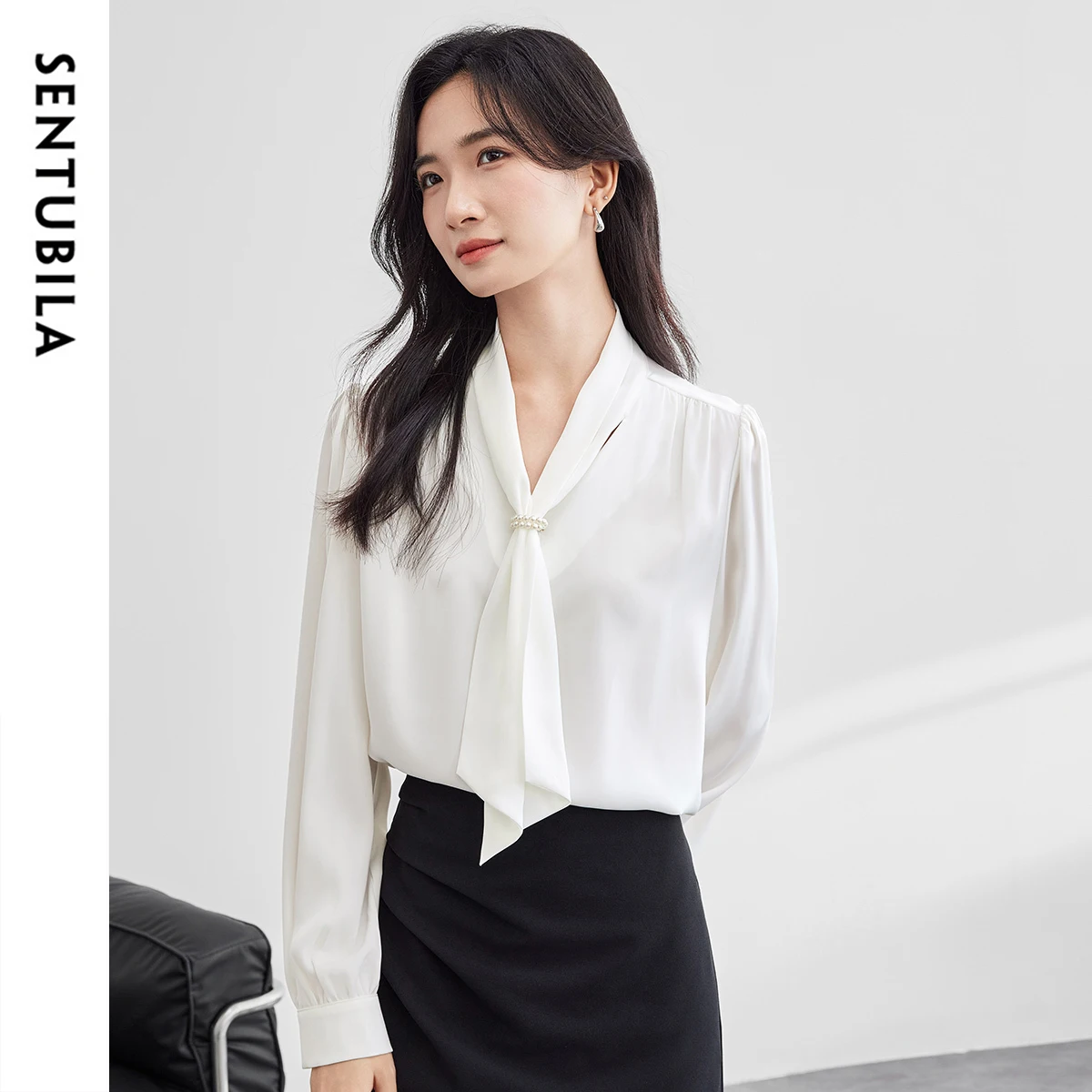 

SENTUBILA Classic Office Lady White Blouse Women 2026 Spring Lace-up Collar Long Sleeve Solid Simple Tops Ladies 143C56765X