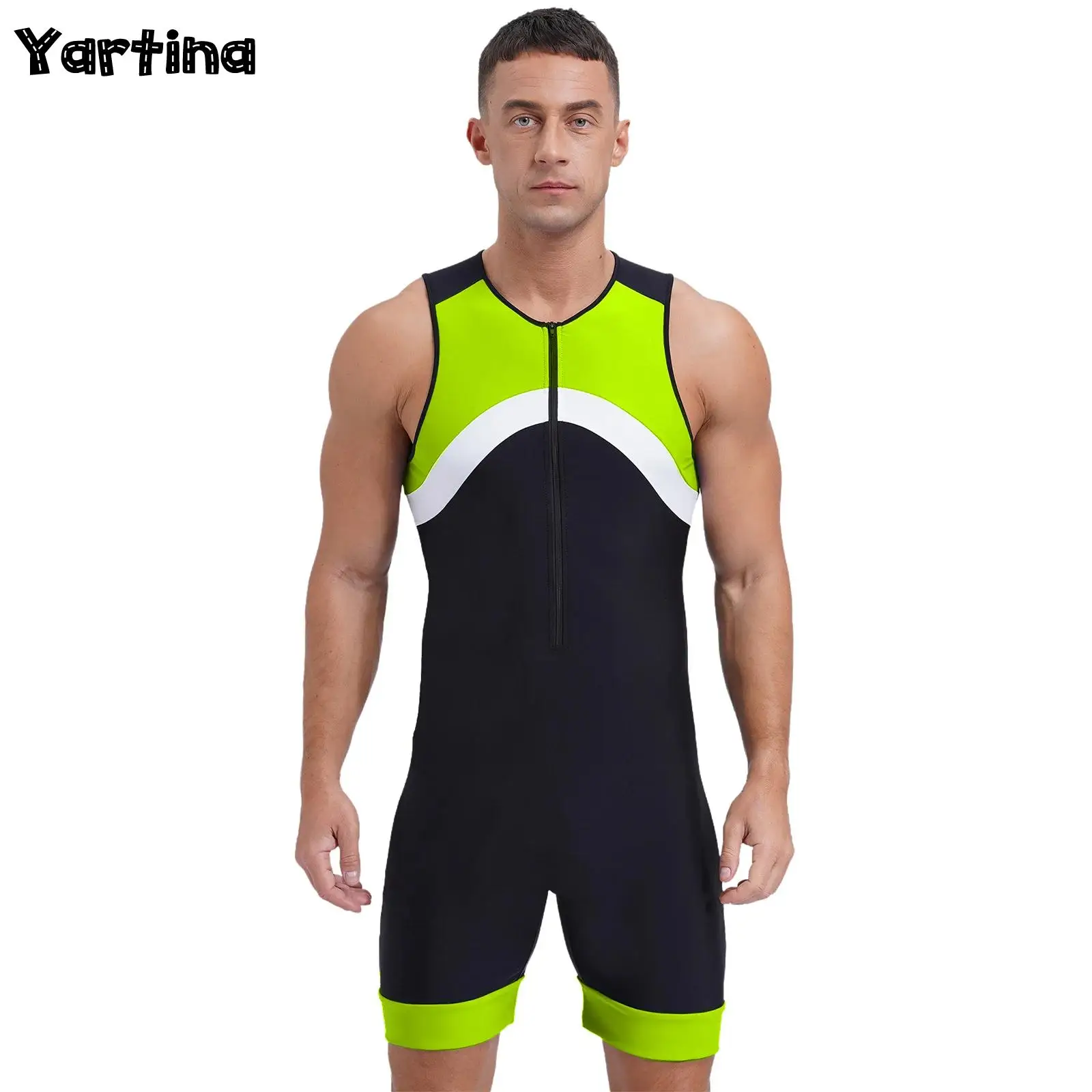 

Mens One Piece Rash Guard Swimsuits Sleeveless Zipper Wrestling Bodysuit Athletic Jumpsuit Swimming Surfing Unitard Biketard