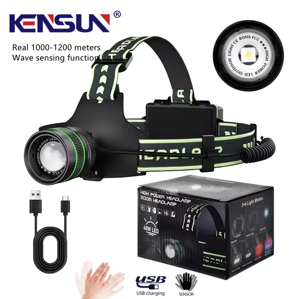 High Power Spotlight Long Range LED Headlamp Headlight Type-C USB Rechargeable Wave Hand Induction Head Flashlight For Camping