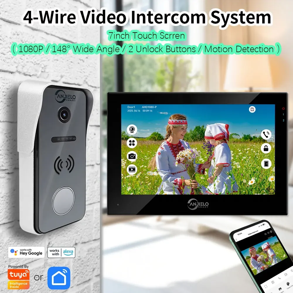 Anjielo 1080P Tuya Smart Doorbell Video Intercom System for Home 7inch Monitor Videophone Security Protection