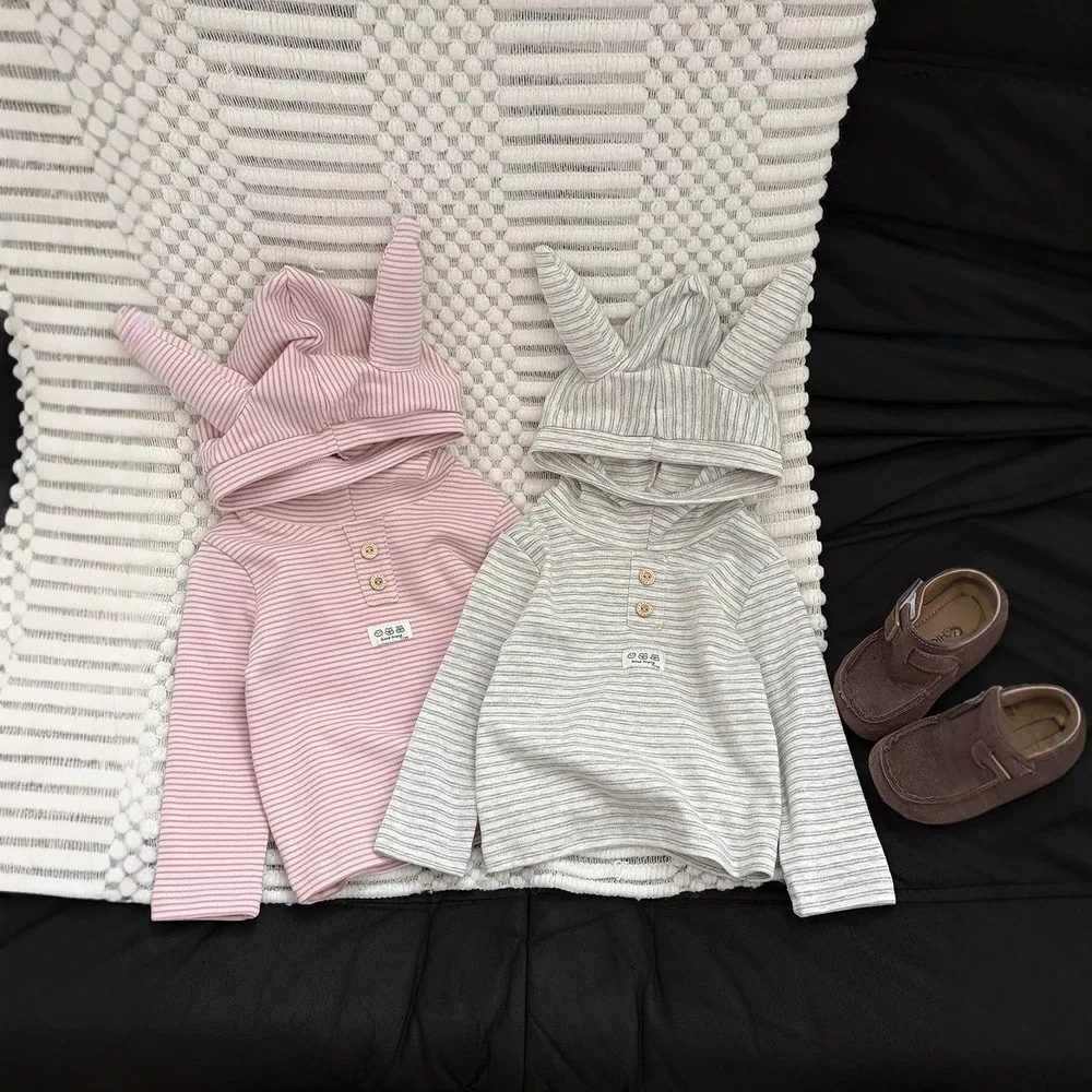 2026 Autumn New Baby Long Sleeve Striped T Shirts Cotton Girls Hooded Bottoming Shirts Toddler Casual Tops Kids Clothes