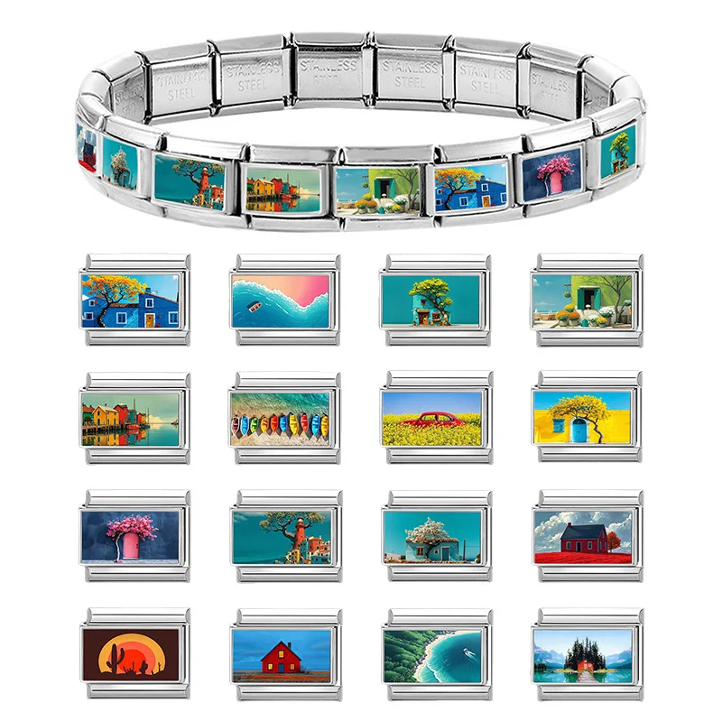 Hapilife New Y2K Spring Summer Scenery Sea Beach Ship Villa House Charm Italian Link Fit 9mm Bracelet Stainless Steel DIY Making