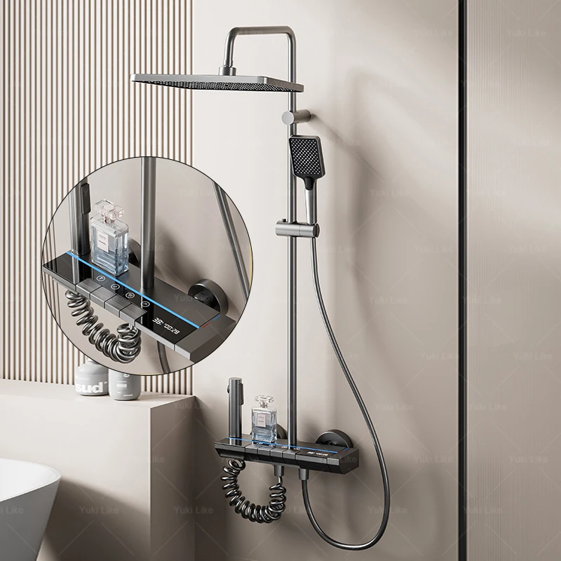 

Серый набор душевой системы, бытовой многофункциональный кнопочный душ, умный световой эффект, клавиша фортепиано, ванная комната, многослойный душевой набор