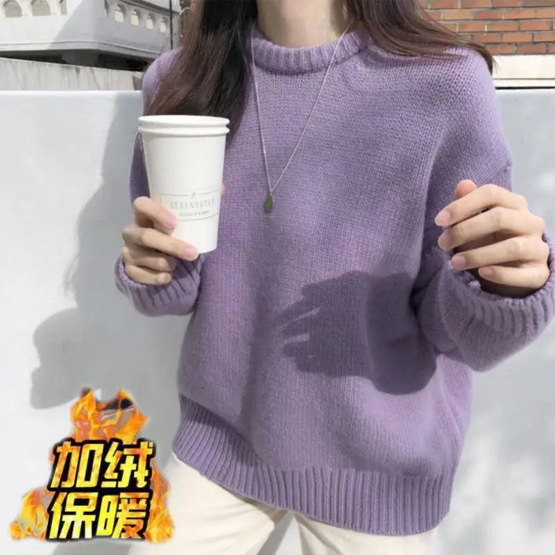 Women's Korean Edition Solid Round Neck Sweater Autumn/Winter New Loose Lazy Style Knitted Shirt Thickened Top Outward Wear
