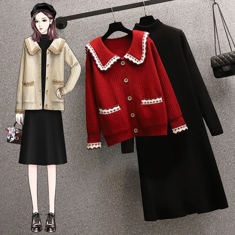 Spring/Autumn New Suit Retro Age Reducing and Slimming Knitted Sweater Cardigan Coat High Neck Mid Length Dress Two Piece Set