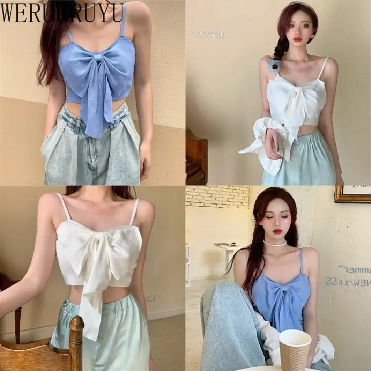 Summer Bow Crop Top Women Y2k Streetwear Clothes Korean Fashion Vest Blue White Pink Sleeveless Cute Tank Tops for Woman 2023