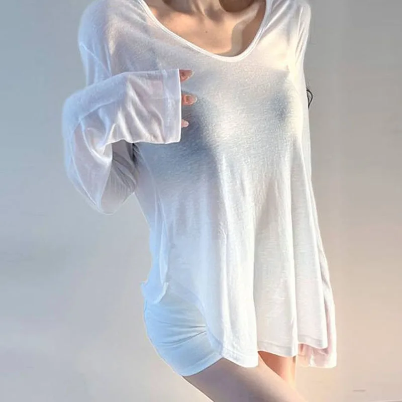 Xpqbb Black White Loose Sunscreen Shirt Women Sexy V-neck See Through Long Sleeve T Shirt Casual Simple Breathable Pullovers