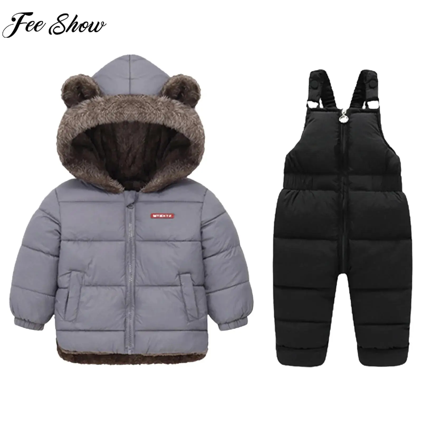 

Kids Winter Warm Down Jacket Set Snowsuit Skiwear Fleece-Lined Jacket with Overalls for Snowboarding Sledding Skiing Daily Wear