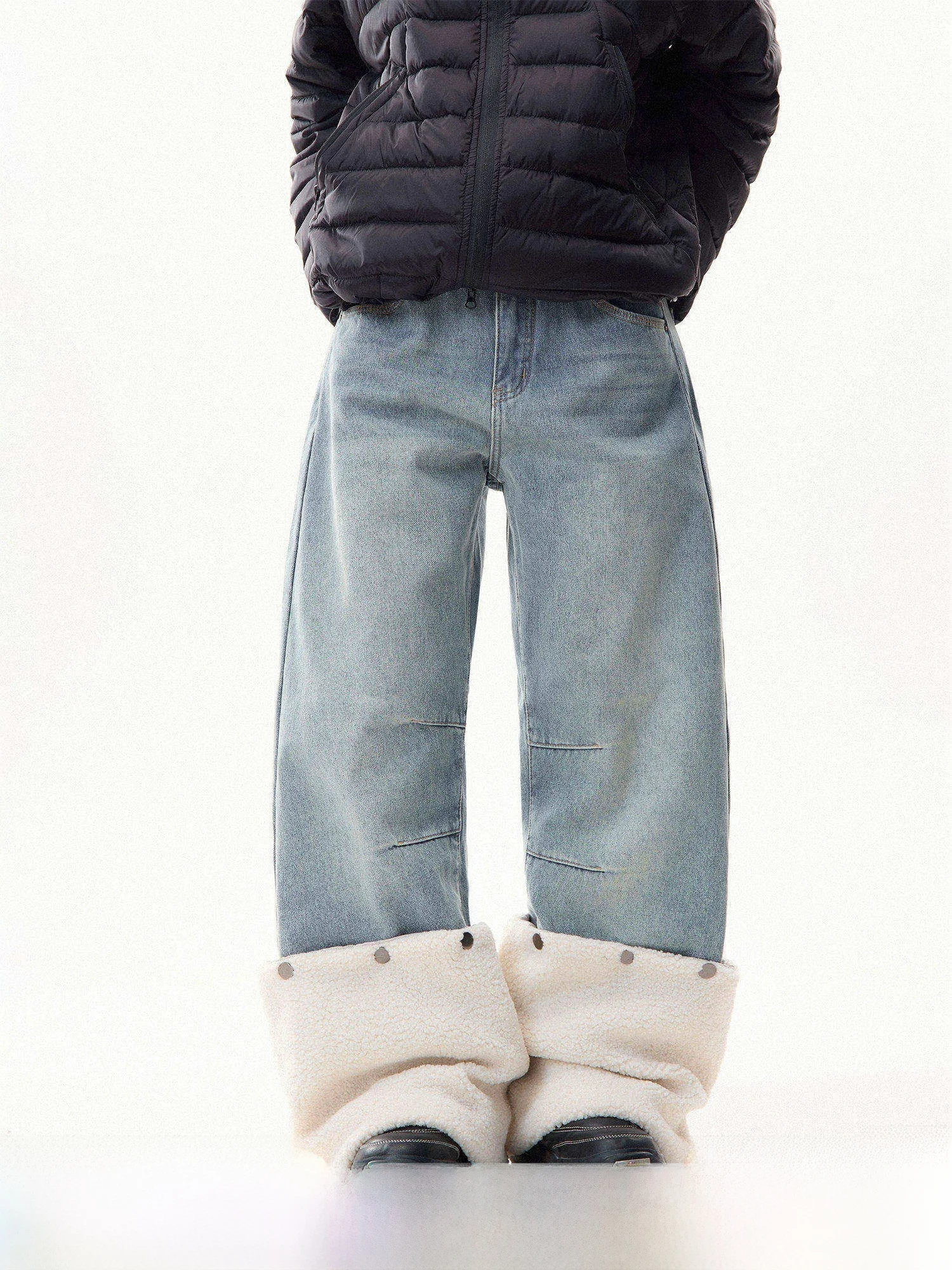 

Женские зимние джинсы с широкими штанинами на флисовой подкладке, с отстегивающимися манжетами, длиной в пол, повседневные, с застежкой-молнией на талии