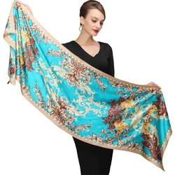 Cachecois Women Blue Silk Scarf Bronzing Printing Autumn And Winter Hot Sale Ladies Pure Silk Long Scarf Foulard All-Match Blue