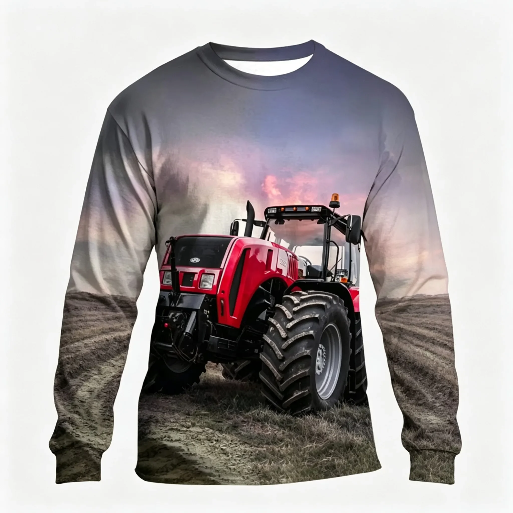 Men's Long Sleeve T-Shirt 3D Farm Tractor Print Countryside Landscape Crew Neck Casual Farmer Tops