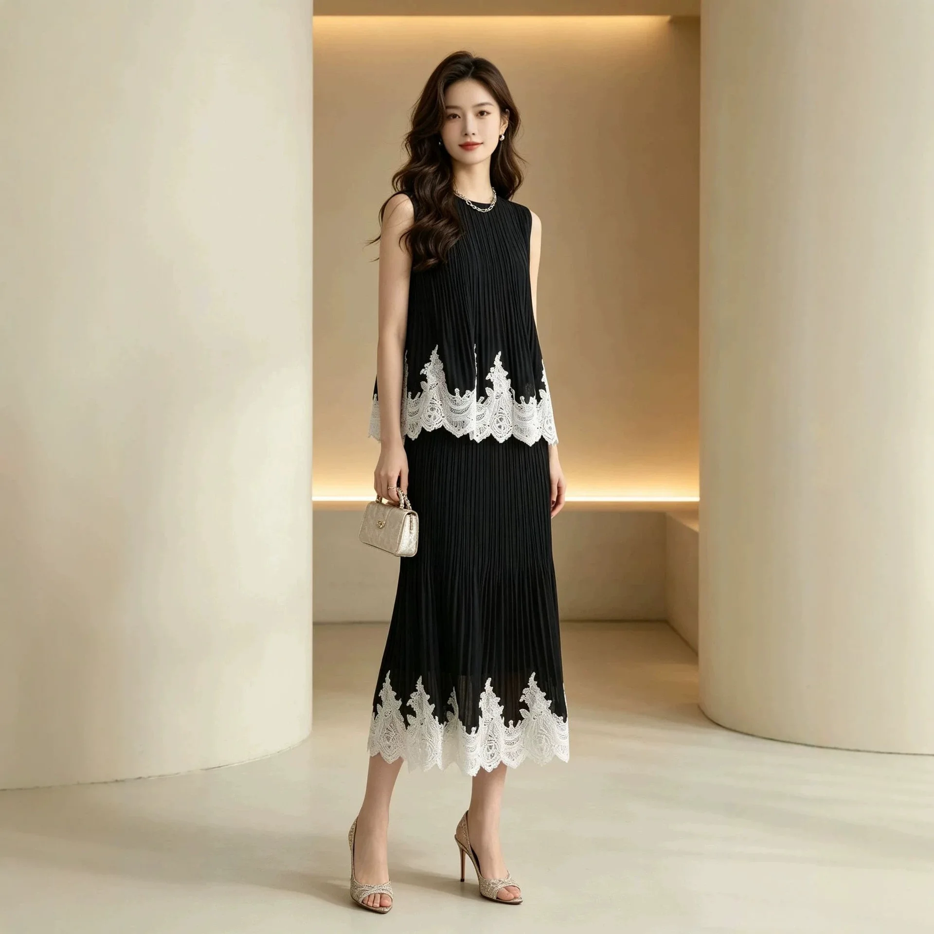 

Miyake Pleated Women's Suit 2026 New Japanese Design Loose Round Neck Sleeveless Top + Skirt Lace Splicing Two-piece Set