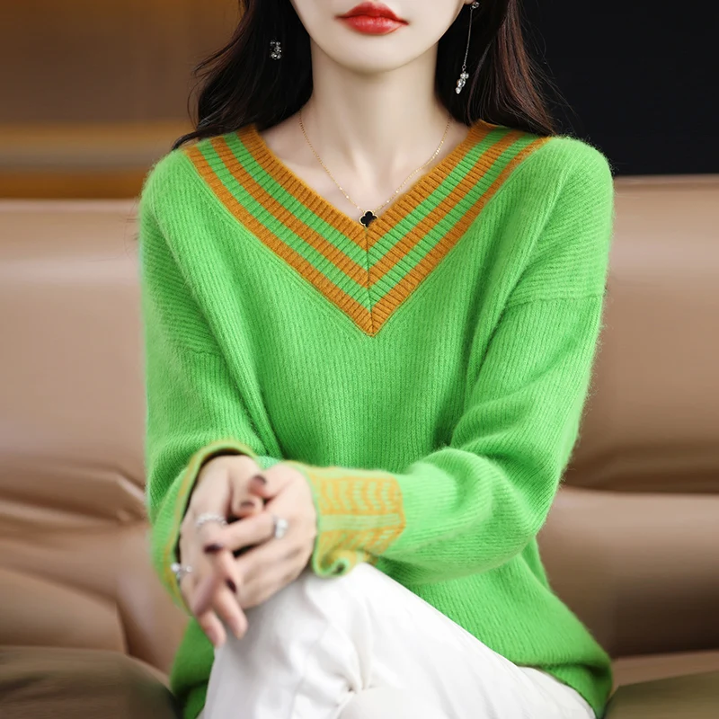 2023 Autumn/Winter New V-neck Women\'s Sweater 100% Pure Mink Cashmere Knitted Long Sleeve Pullover Women\'s Underlay Warm Top