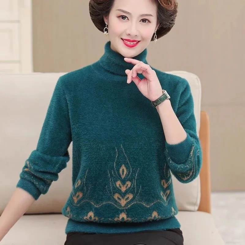 

Mom's Turtleneck Pullover Shirt Autumn Winter Knitted Long Sleeve Thick Mink Fur Warm Sweater Fashionable Winter Base Top w1305