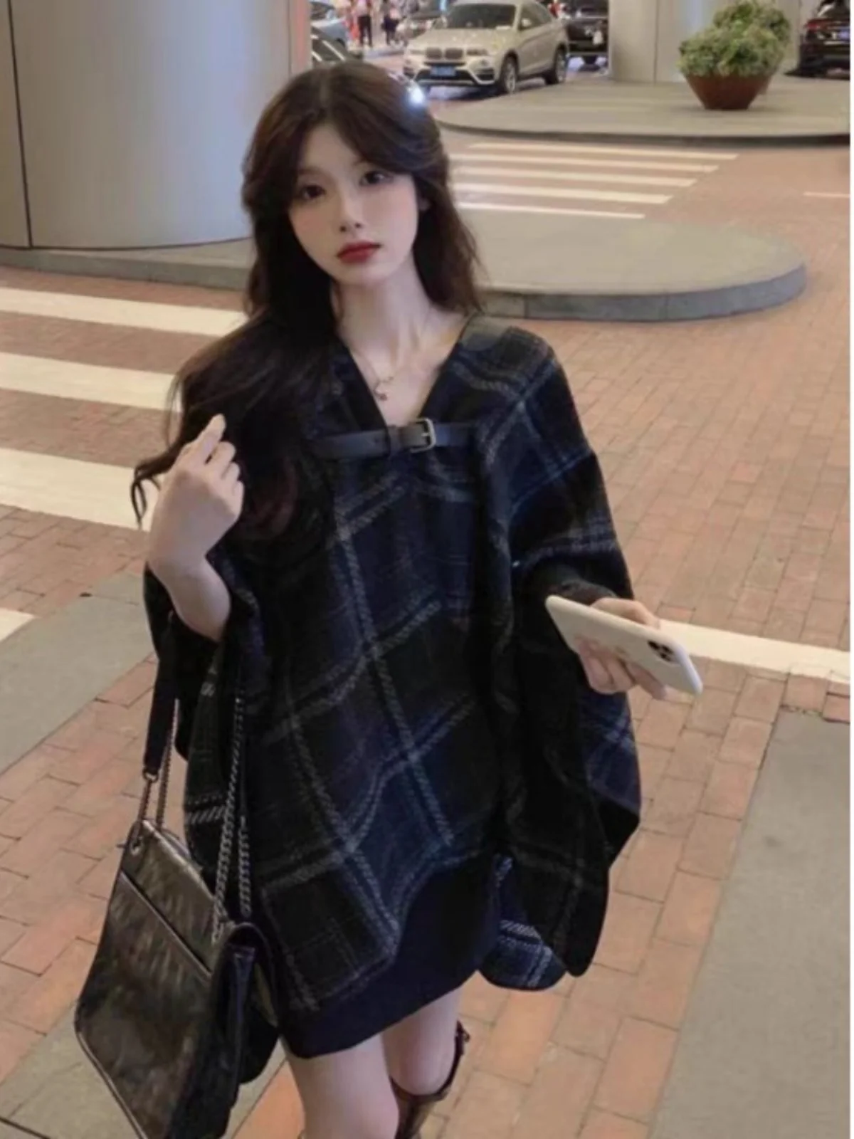 Bla Plaid Wollen Jas Dames 2024 Lente Herfst Nieuwe Kleine Maat Midi Lengte Faionable Priem Cowl Ne Jas Dames