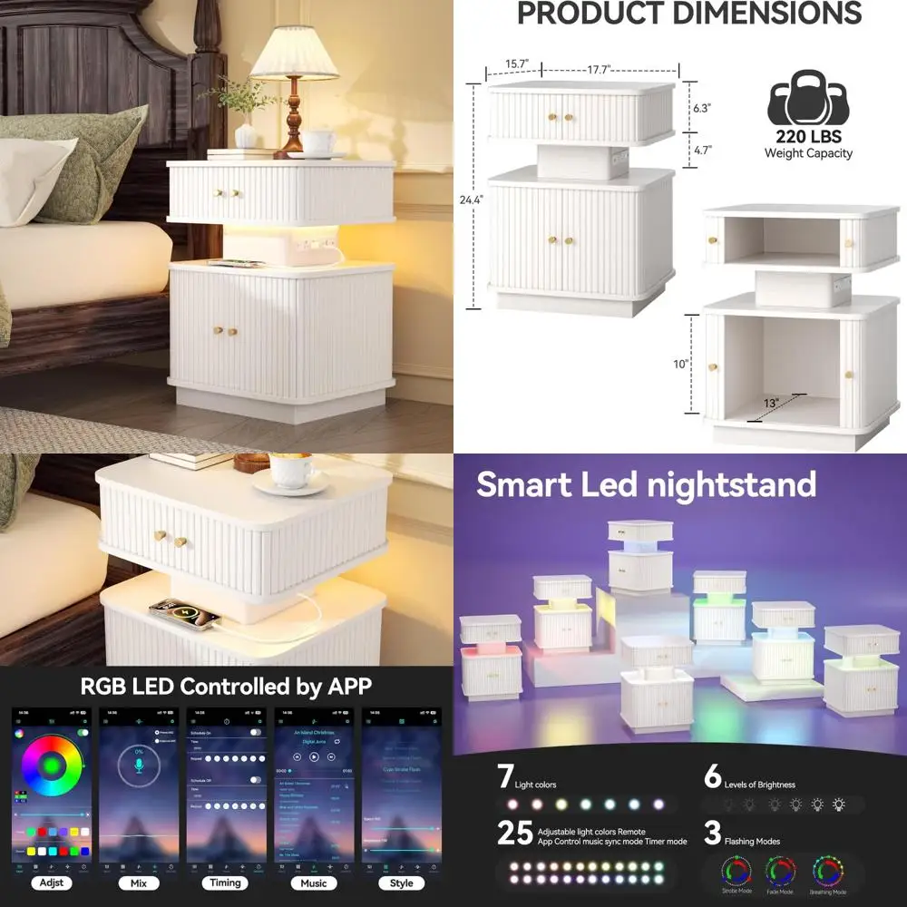 

Современная тумбочка с 2 ящиками, светодиодной подсветкой и зарядным портом, дизайн раздвижной двери