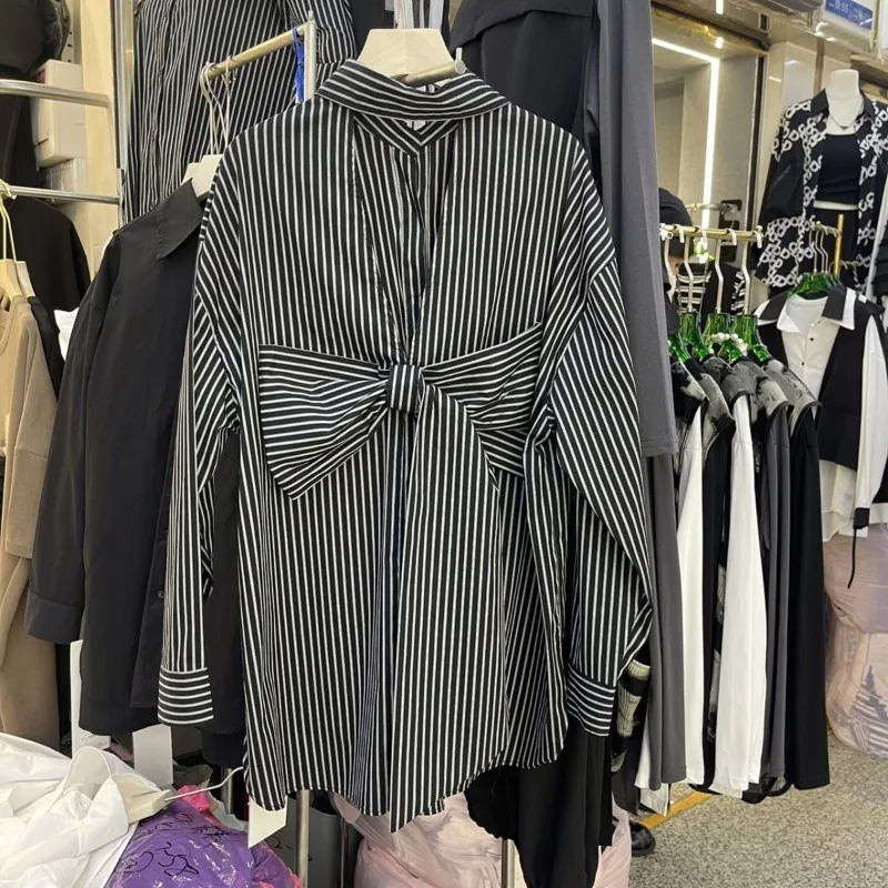 

Backless Bow Lace Up Long Sleeve Shirt Women Simple Lapel Neck Single Breasted Blouses 2025 Spring Autumn New Tops Mujer