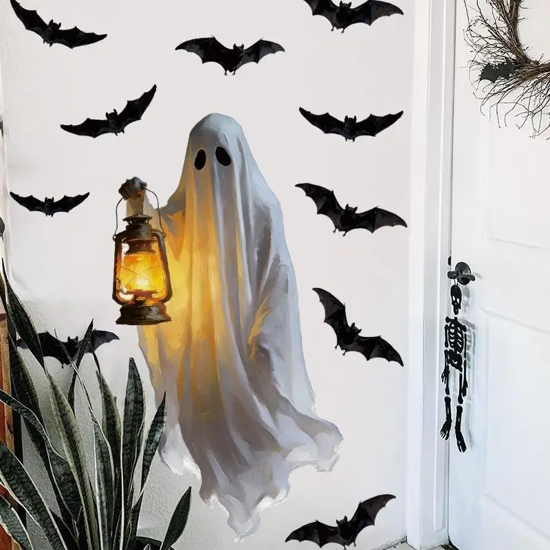Extra Large Halloween Ghost Window Clings Vintage Ghost Black Bat Window Stickers For Home Classroom Office DIY Party Decoration