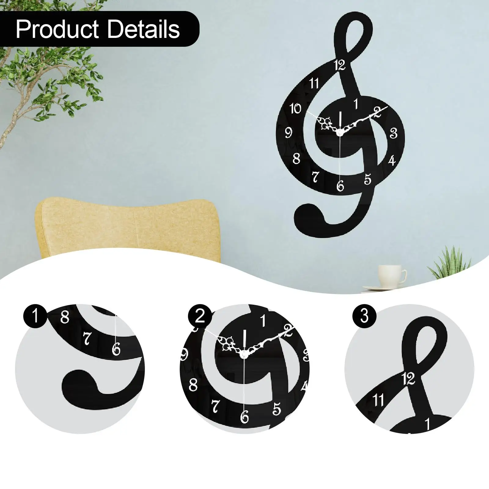 Music Note Wall Clock Gift Silent Movement for Home Housewarming Bathroom