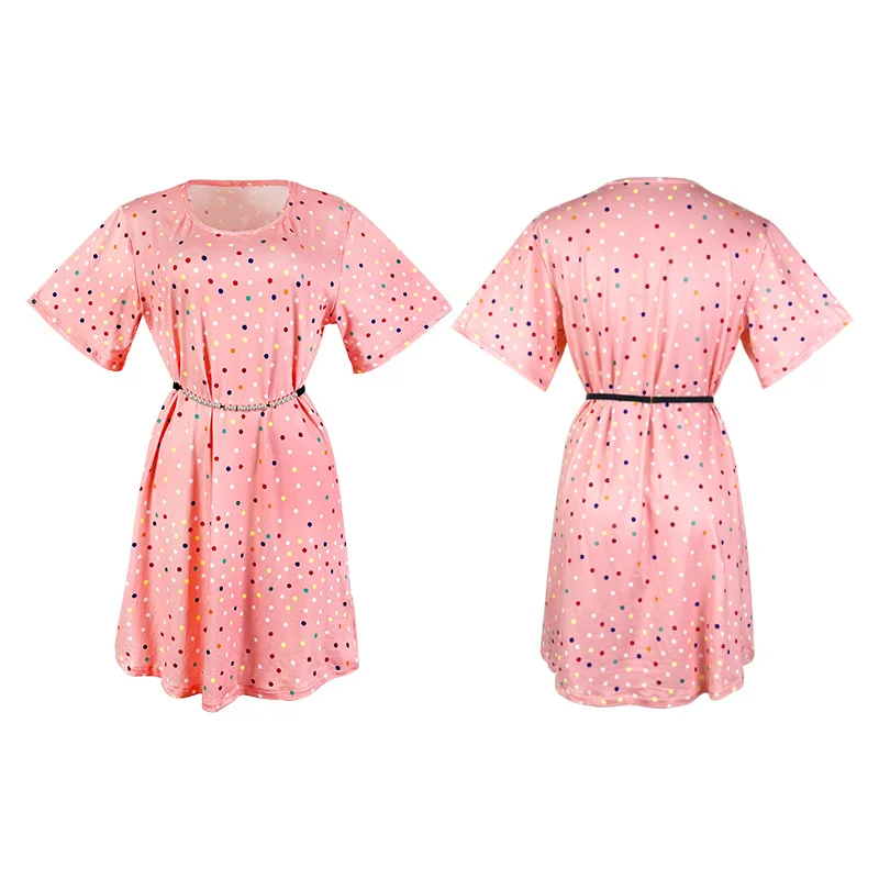 화려한 물방울 무늬 중간 소매 드레스, 진주 허리 조임 디자인, 피부 친화적인 섹시한 나이트가운