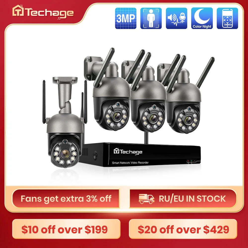Techage 8CH 3MP Wireless Security Camera Kit Wifi PTZ IP Camera Outdoor Auto Tracking Two-way Audio Full Color Night CCTV Video