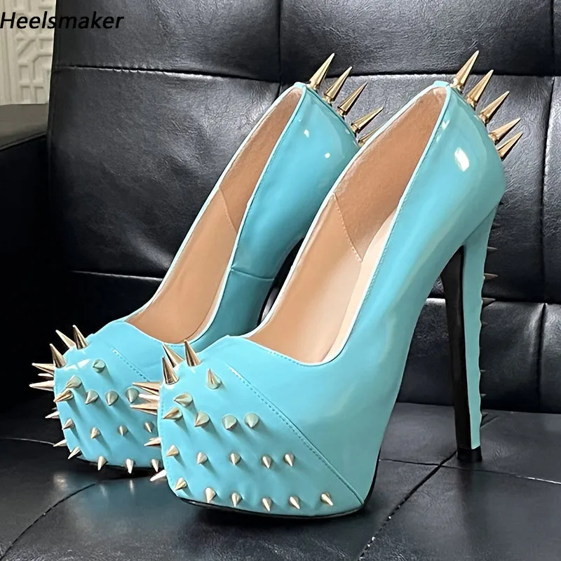 Sukeia New Arrival Women Punk Pumps Patent Round Toe Sexy Studded Stiletto Heels Sky Blue Night Club Shoes Plus US Size 5-15