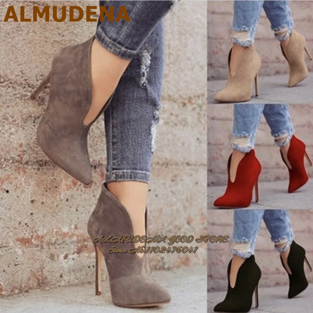 ALMUDENA Newest Red Beige Black Suede V Shape Cut Ankle Boots Stiletto Heels Designer Dress Boots Motorcycle Gladiator Shoes