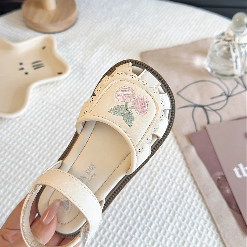 Toddler Girls Cherry Embroidery Closed Toe Sandals Lace Sandals Non Slip Soft Sole Kids Summer Princess Casual Walking Shoes