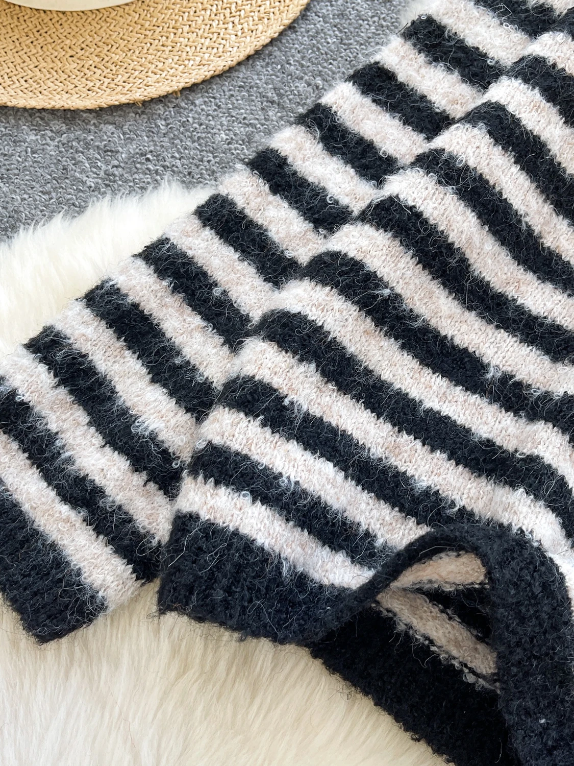 Dongda Gate سترة نسائية محبوكة فضفاضة V-Ne لون Blo شريط Faion خريف شتاء دافئ حراري طويل Sve