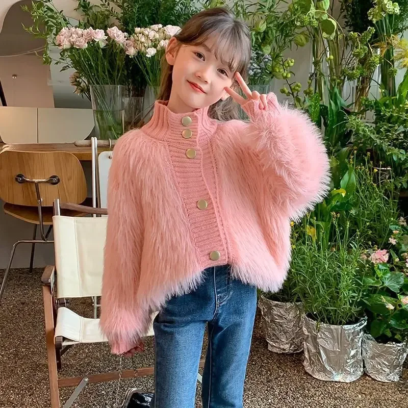 Girls Sweater Cardigan 2024 New Fashion Spring Autumn Children Mink Spring Fur Coat Simple Casual Sweater Clothes Top Kid image 3