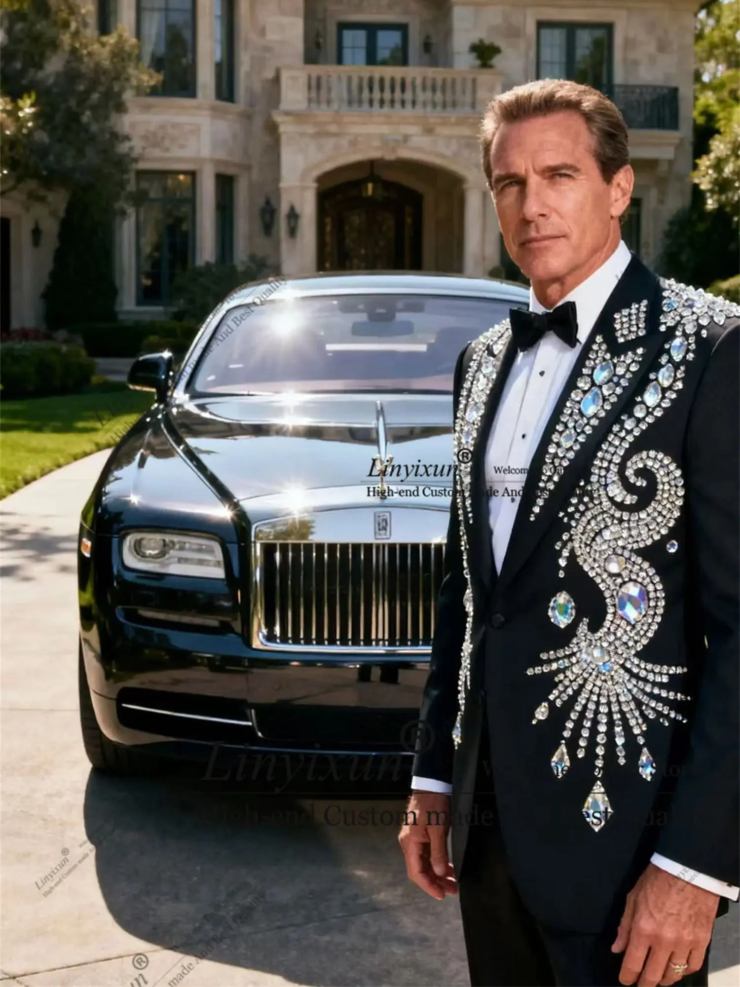 

Shiny Jewelry Ornament Men Suits 2 Pieces Sets Wedding Groom Male Prom Blazers Slim Fit Party Tuxedos Ropa Hombre Customized