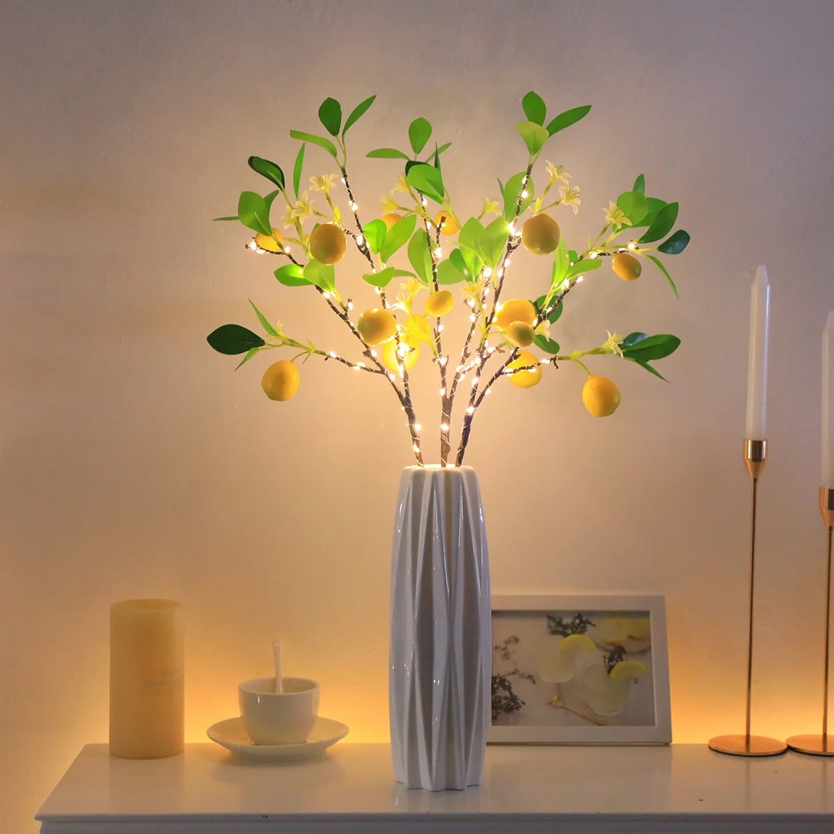 Battery-Powered LED Plant Lamp- Lemon Branch Style, Warm Copper Wire Glow, Creative Home Decor for Bedroom, Living Room & Events