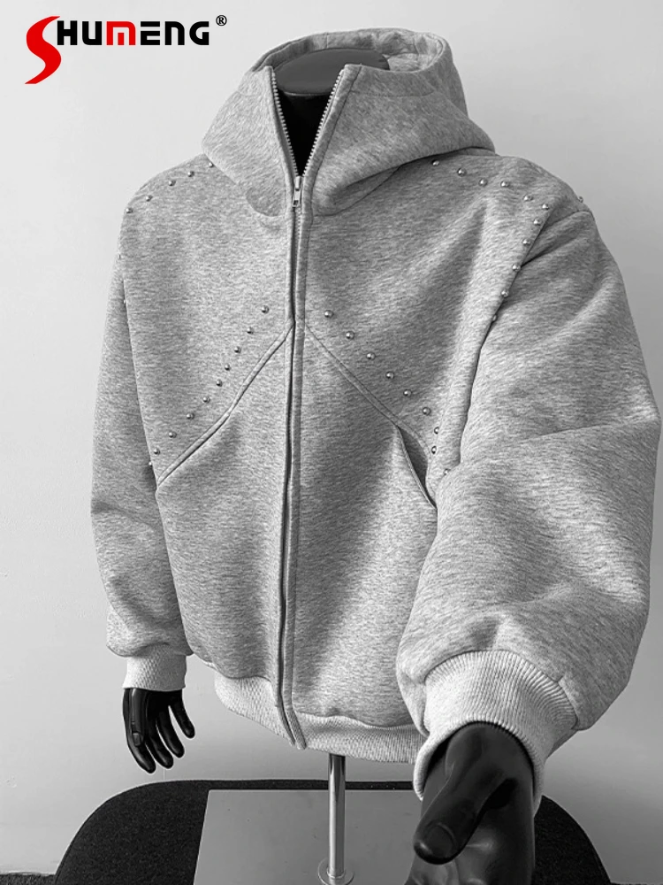 

Fashion Hooded Sweatshirts Men 2025 Autumn New American Style Retro Rivet Design Long Sleeve Jackets Solid Color Hoodies Coats