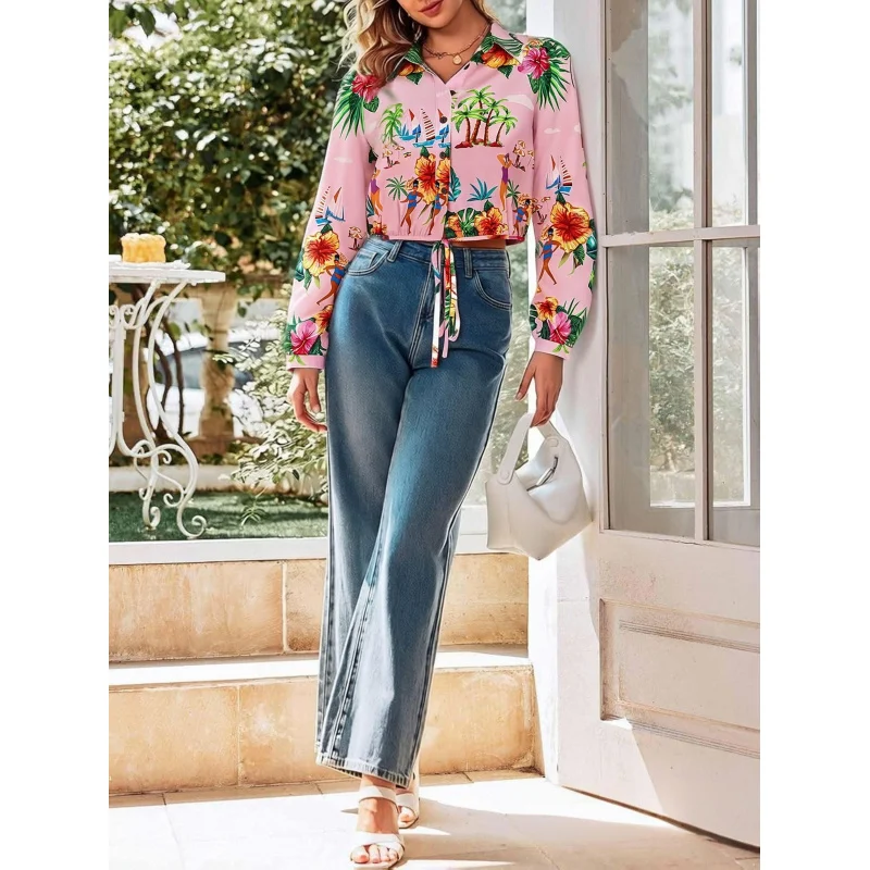 

Western Women'S Casual Fashion Floral Print Vacation Daily Commute All-Match Loose Short Length Long Sleeve Top