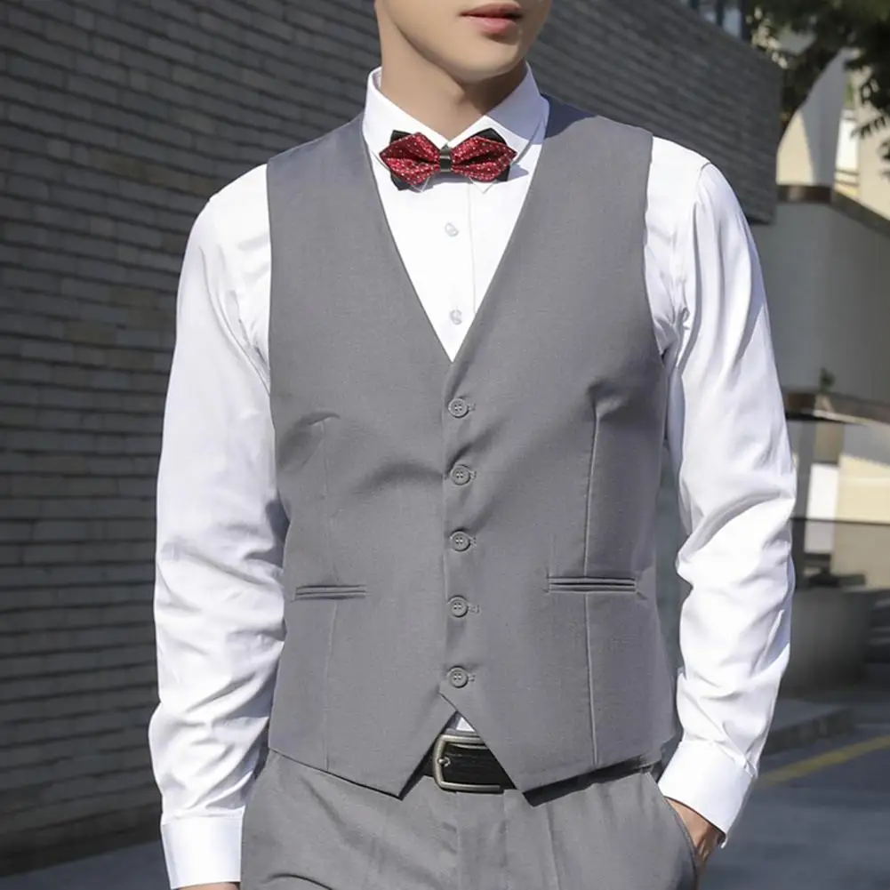 

Men Suit Waistcoat V-neck Sleeveless Waistcoat Single Breasted Suit Vest with Pockets Solid Color Ergonomic Tailoring Waistcoat