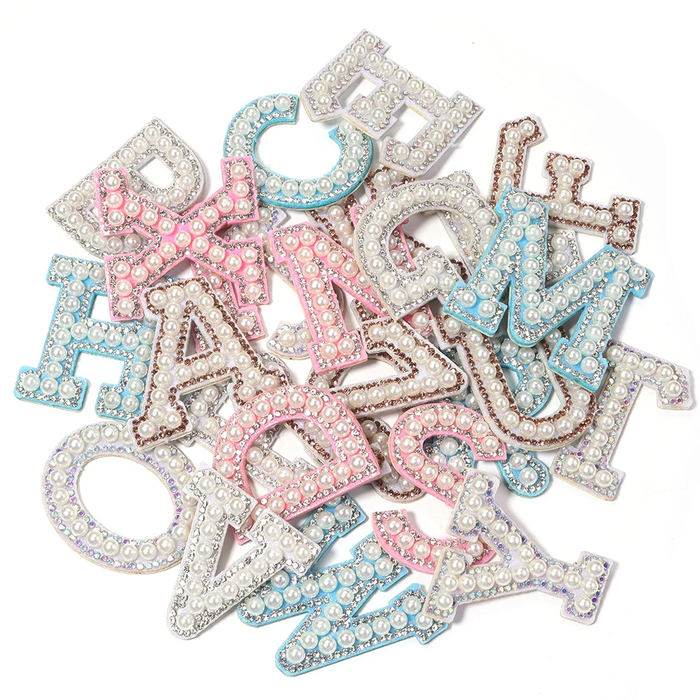 26pcs/lot Polyester Pearl Rhinestone Letter Patches Self Adhesive Alphabet Appliques for  DIY Clothing Shoes Hat Decoration