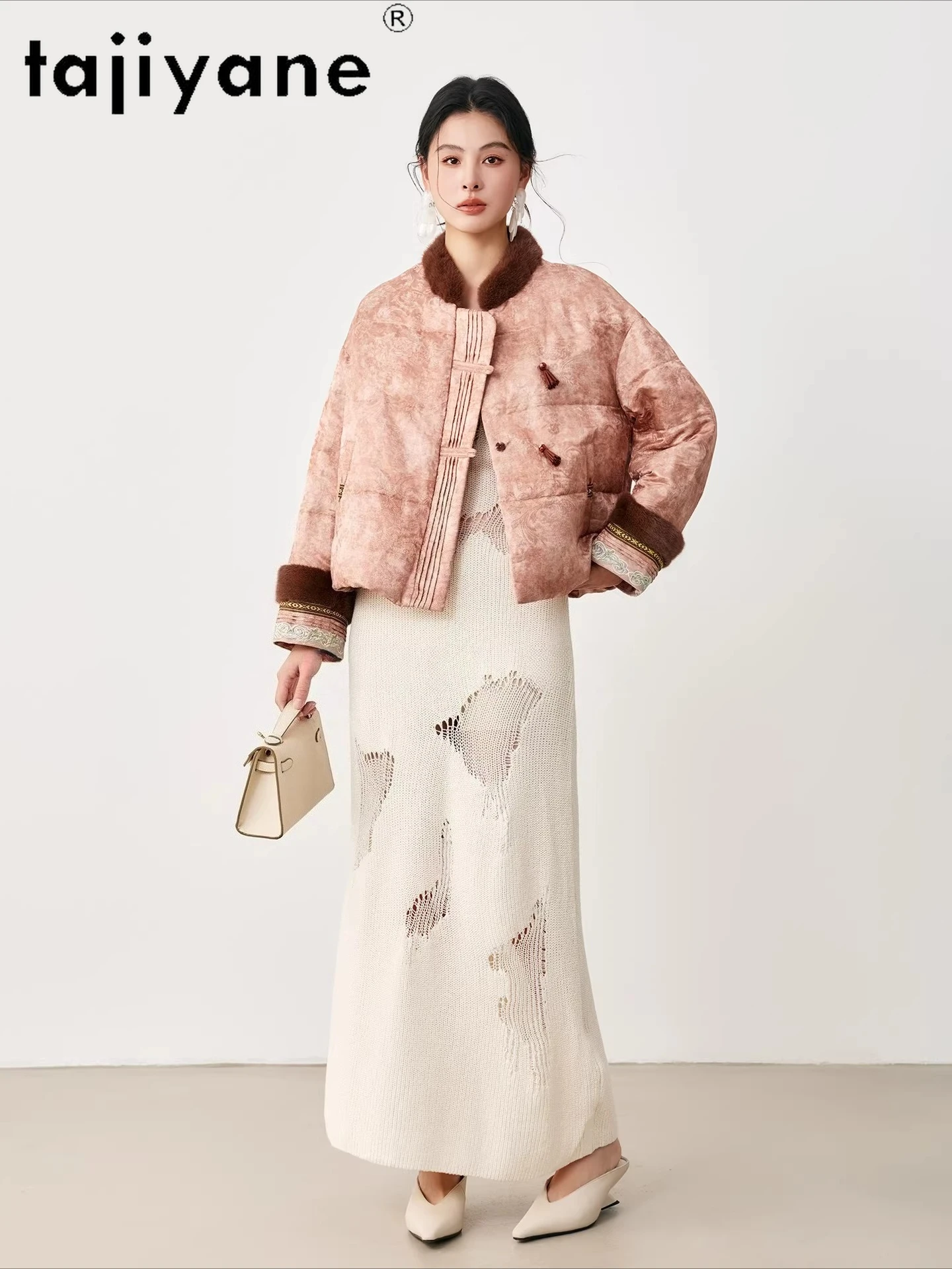 TAJIYANE 90%グースダウンジャケット レディース ショートジャカードダウンコート ミンクファーカラー パファージャケット 2025冬 レディース服 ダウンジャケット