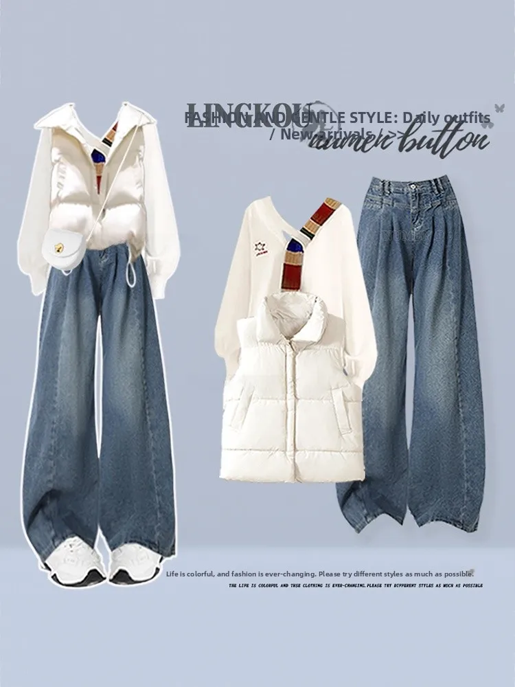 

Корейский женский вязаный свитер, жилет и широкие джинсы, утягивающий джинсовый комплект футболок для осени и зимы, повседневная одежда