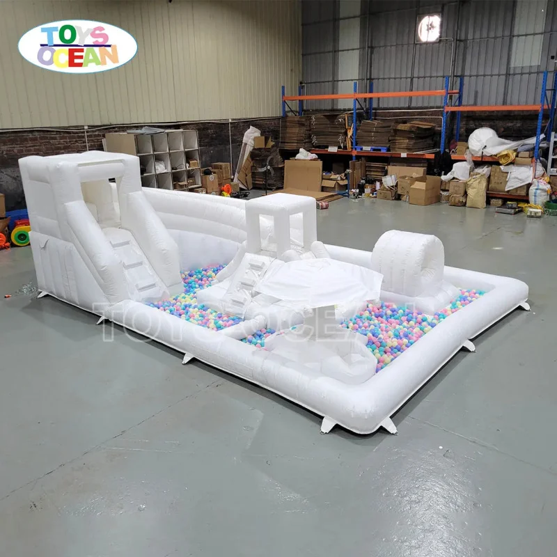 New White Eco-Friendly PVC Inflatable Splash Pad Waterpark Obstacle Course Bounce House with Slide Soft Play Area for Kids