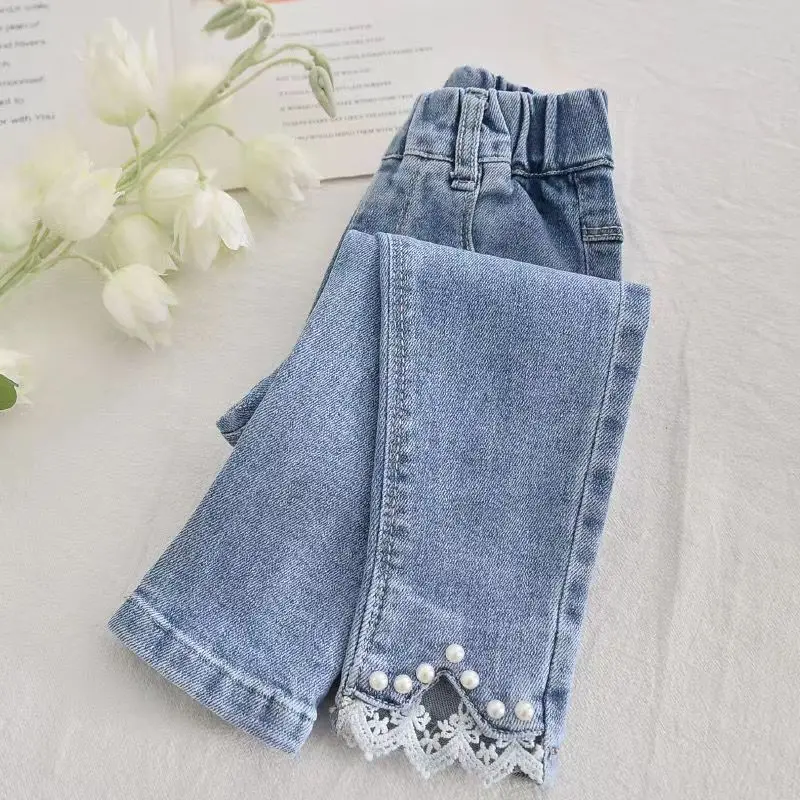 Kids Girls Spring And Autumn Pearl Jeans 2023 New Children\'s Pants ashionable Middle School Children\'s Baby Elastic Pants 2-8Y