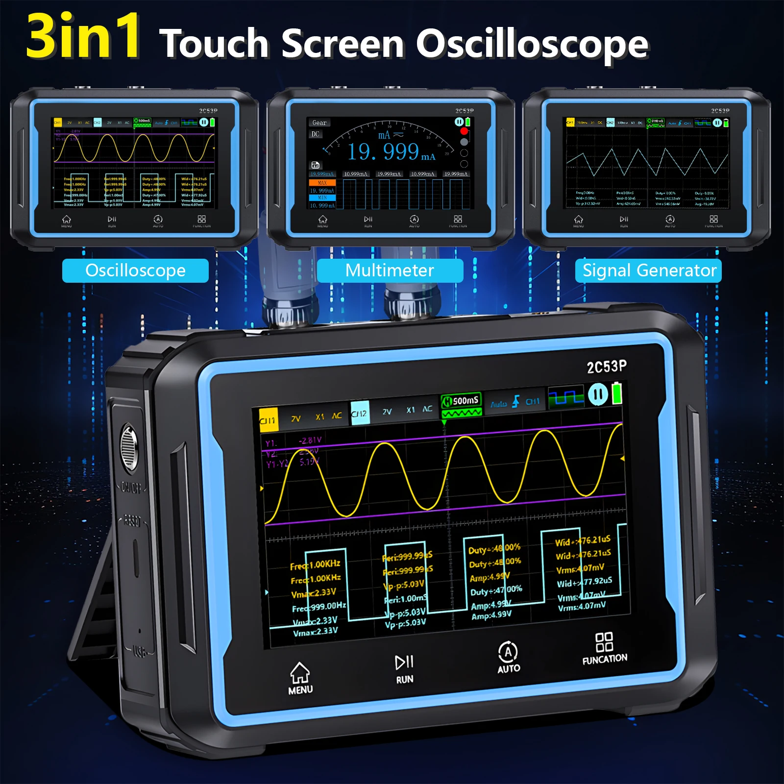 2C53P 3-in-1 Handheld Tablet-Oscilloscope, Multimeter & DDS Signal Generator, 2CH, 50MHz Bandwidth, 1999 Count, 250MS/s