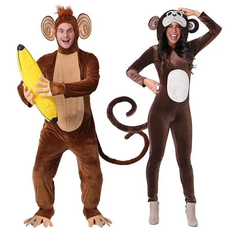 New Brown Monkey Pajamas Animal Winter Onesie Adults Halloween Banana Cosplay Costume Party Gift For Women MN9