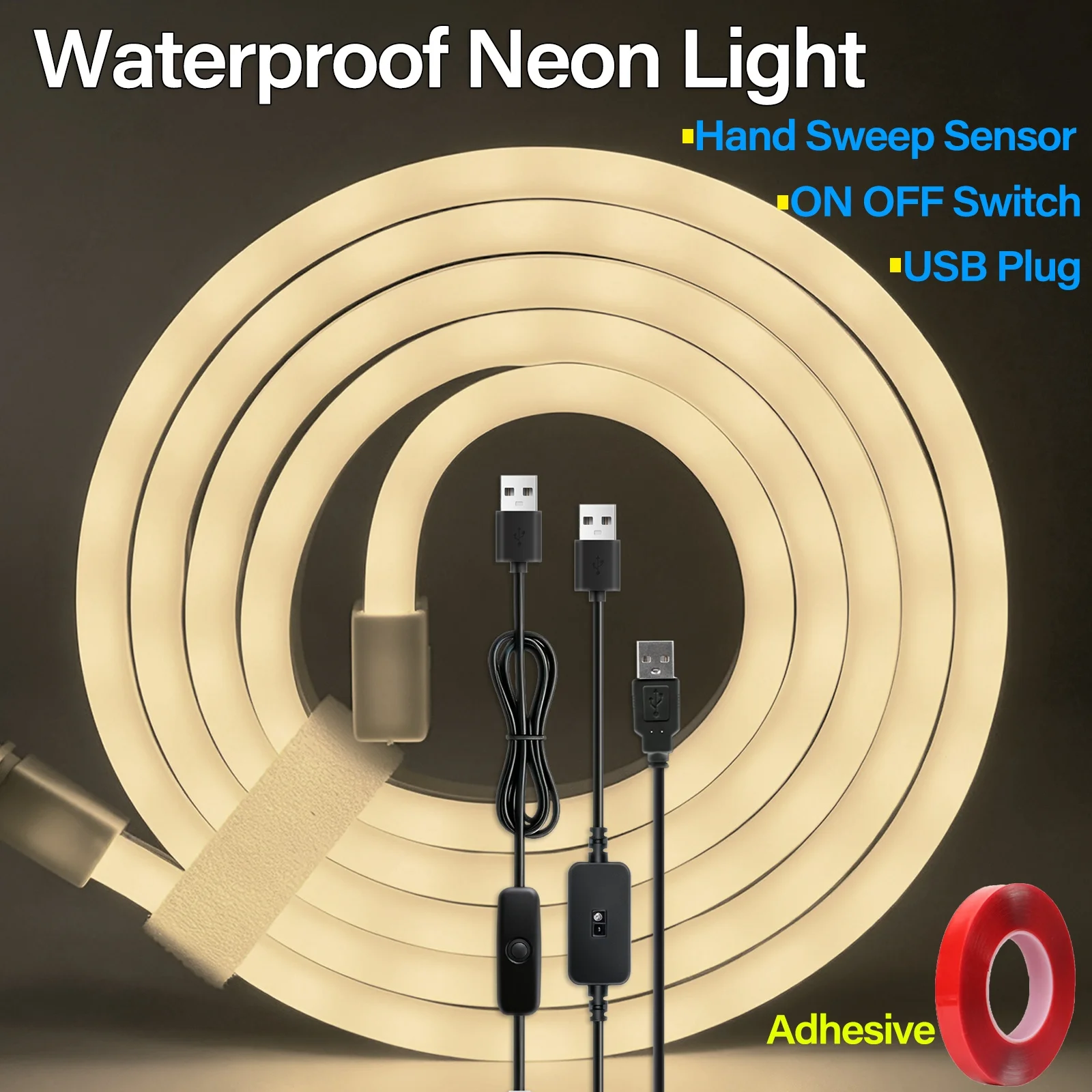 USB Neon LED Strip 5V 1M 2M 5M Warm White/Red/Ice Blue/Green/Orange Strip Switch/Hand Sweep Sensor for Game Home Decor Lighting