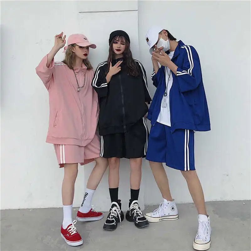 Sports Casual Fashion Set Summer New Hip-hop Loose Solid Striped Patchwork Shorts Two-piece Set Vintage Trend Women Clothing