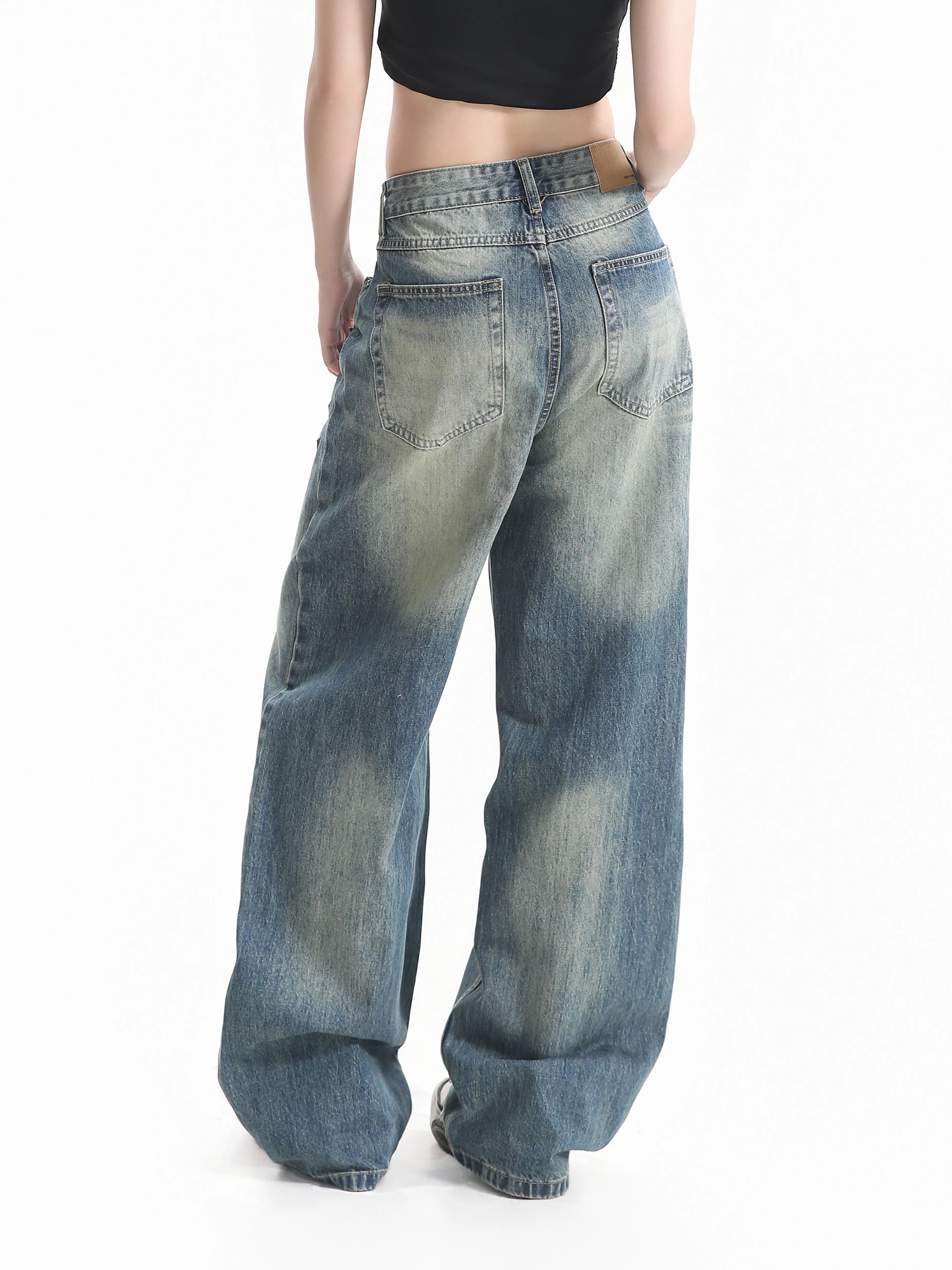 Small Ball American Heavy Duty Rivet Washed Straight Leg Jeans Women High Street Loose Wide Leg Denim Neutral Floor Length Pants